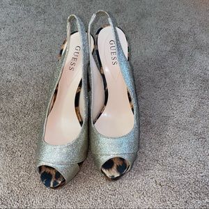 Gold glitter peep toes with leopard heel